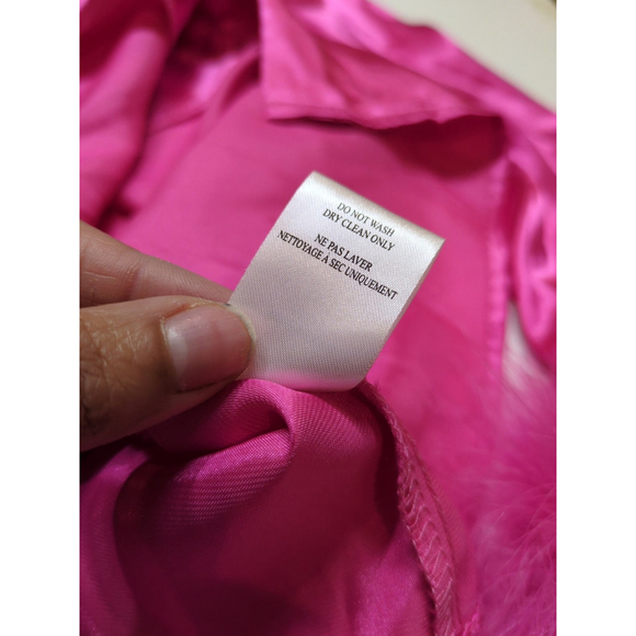 Women's Pink Satin PJ set With Fluff Fuzzy Sleeves Size Large - Picture 9 of 16